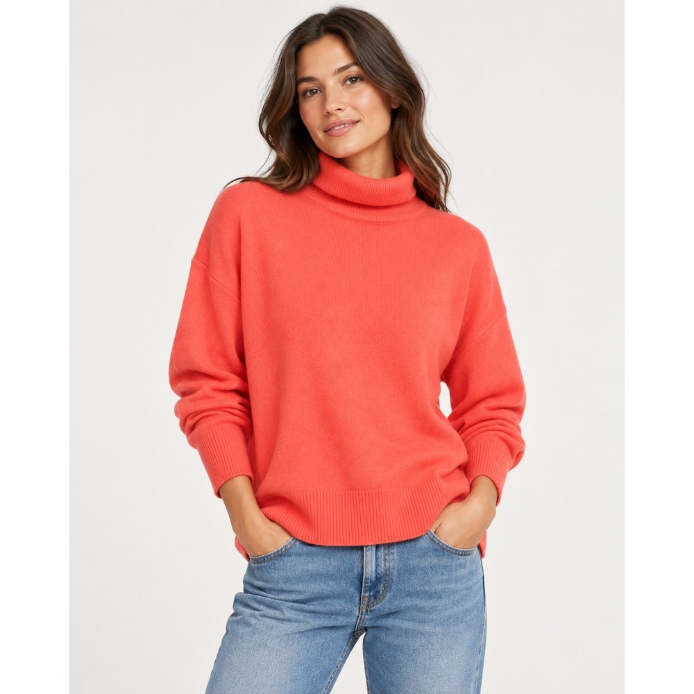 J.Crew 100% Cashmere Turtleneck Sweater Coral Medium Relaxed Fit